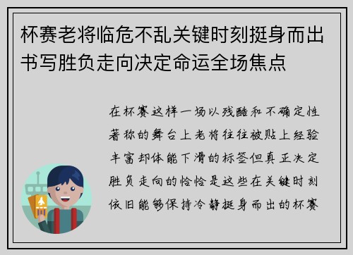 杯赛老将临危不乱关键时刻挺身而出书写胜负走向决定命运全场焦点