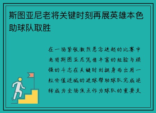 斯图亚尼老将关键时刻再展英雄本色助球队取胜 斯图亚尼老将关键时刻再展英雄本色助球队取胜