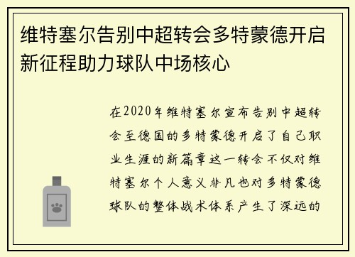 维特塞尔告别中超转会多特蒙德开启新征程助力球队中场核心 维特塞尔告别中超转会多特蒙德开启新征程助力球队中场核心